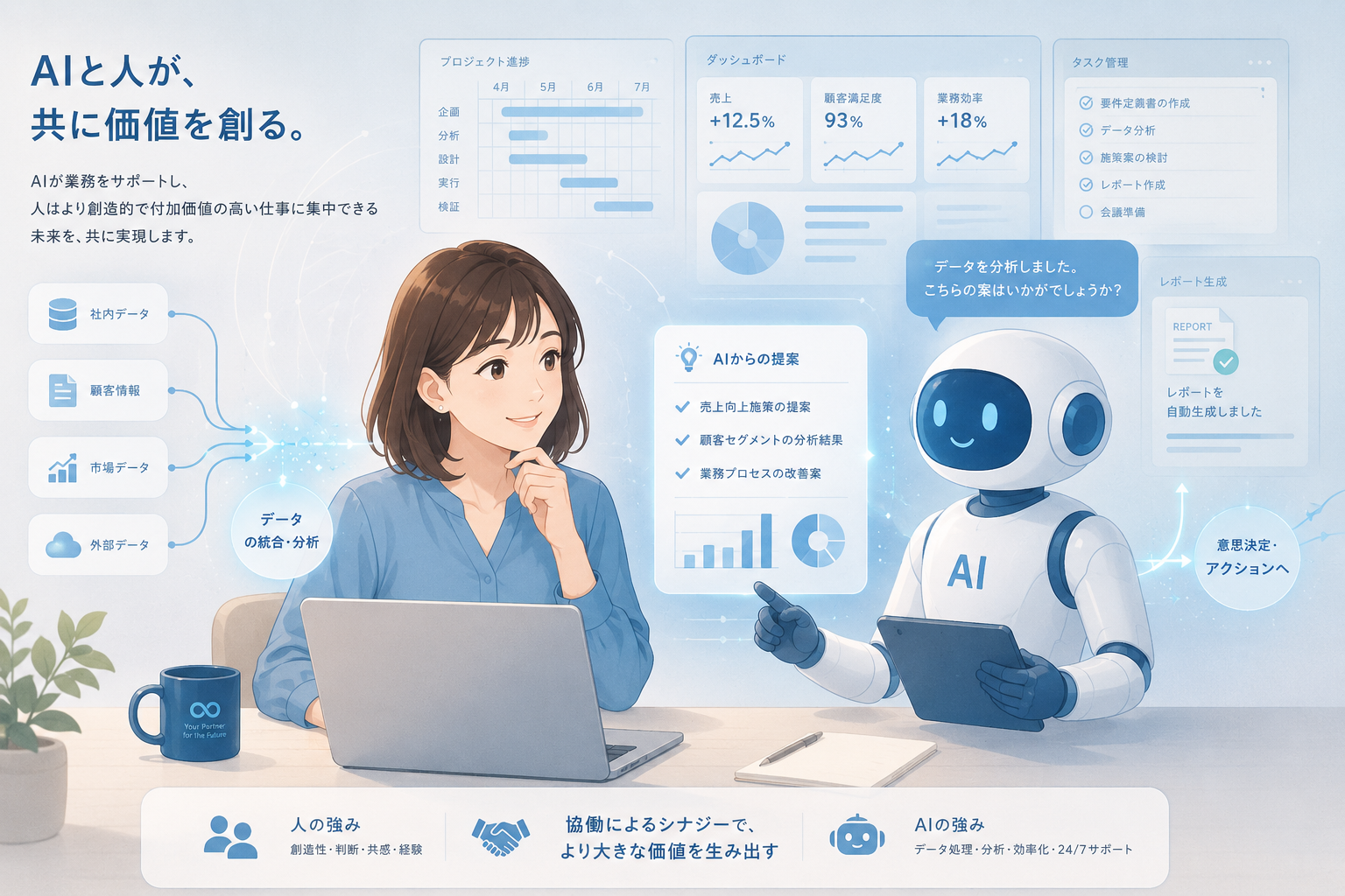 AIと人が協働し、データの流れやUI画面を見ながら業務を進めているイラスト